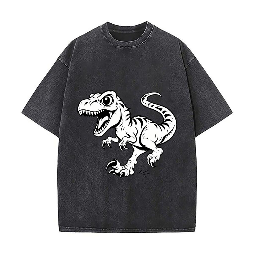 Roaring Cartoon Raptor Mascot Outlin Retro Washed Distressed T Shirt Men Summer Casual Short Sleeve