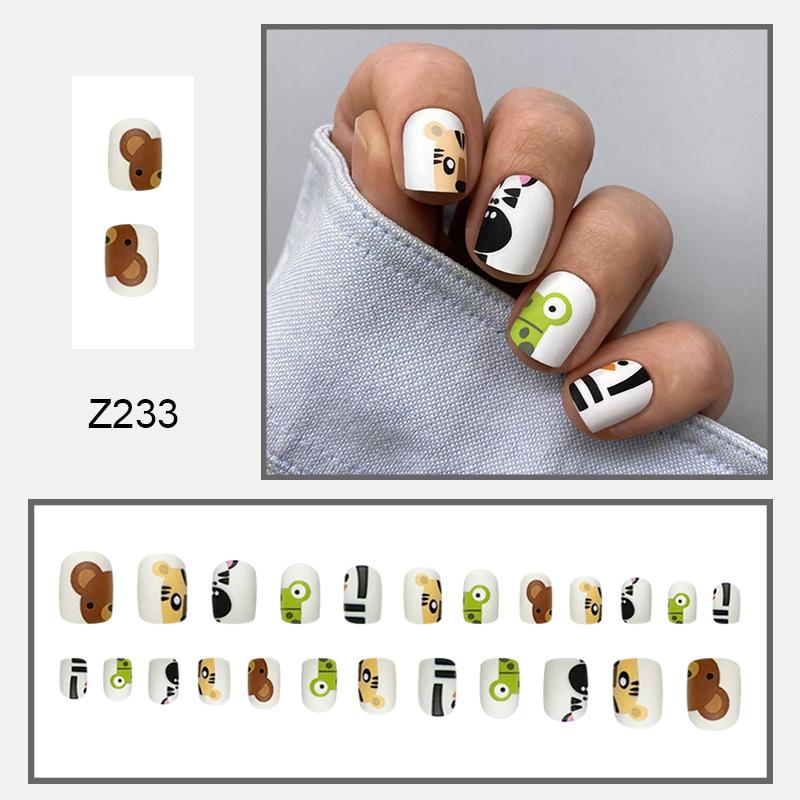 

24 шт. накладные ногти простые мультяшные текстуры французский маникюр короткие квадратные матовые животные плоские головки модный стиль ногтей