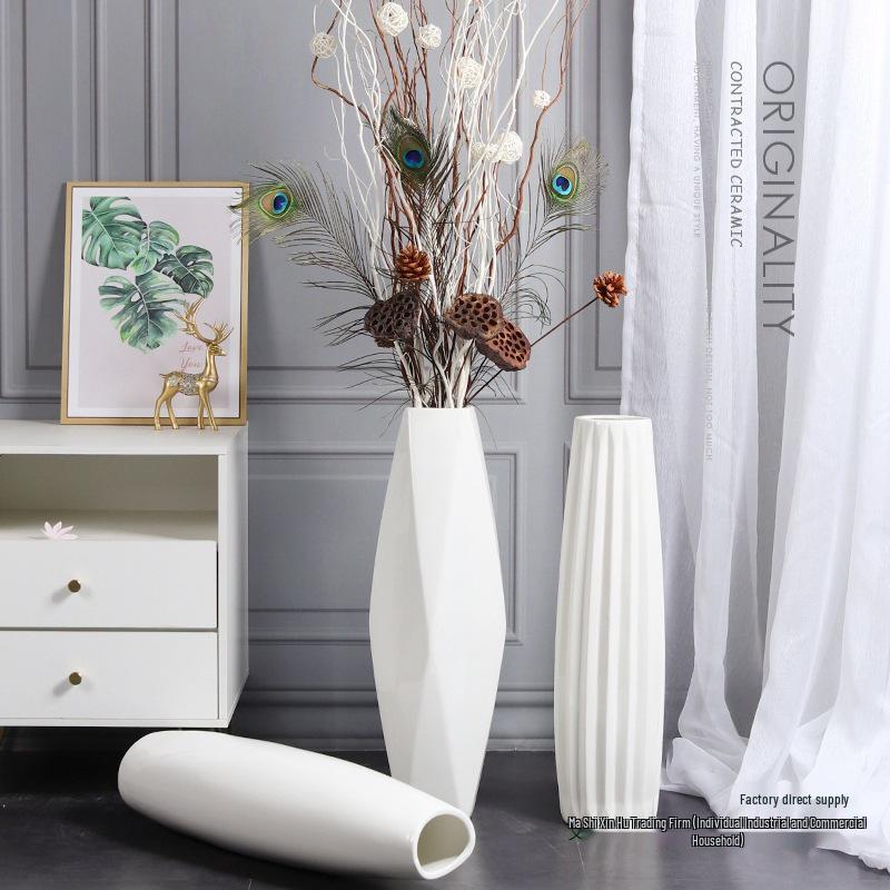 Nordic Minimalist Ceramic White Floor Vase for Dried Flowers and Lucky Bamboo, Living Room Decor