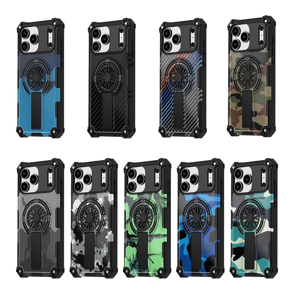 Painting Army Camouflage Carbon Fiber Magnetic Bumper Phone Case With Kickstand For iPhone 17 16 15 Pro Max Samsung S25 S24 A56 Hard Protective Cover