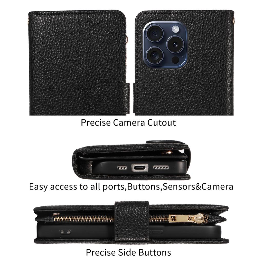 Artificial Leather Zipper Lychee Pattern Phone Case for Iphone16 15 14 Pro Max Plus 13 1211Pro Mini 7 8 XS Clamshell Wallet Case