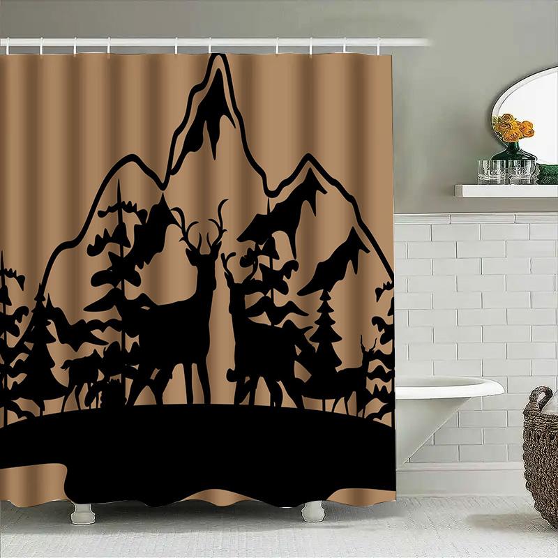 Berg-Sonnenuntergang Duschvorhang mit Elch-Silhouette Dekoratives Wasserdichtes Gewebe Badezimmerdekoration Schwarz/Beige Farbset (180X2