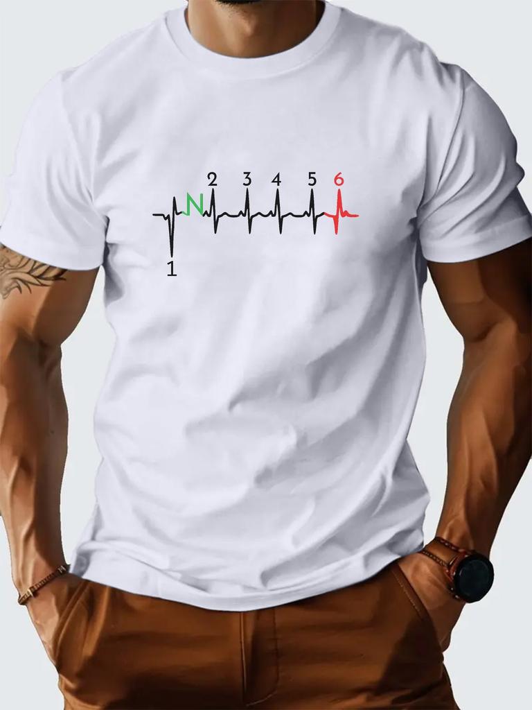 Unisex O Neck Tee Gear Shift Heartbeat Line Print Cotton Short Sleeve Loose Summer Street Breathable Daily Casual Basic Wear Top