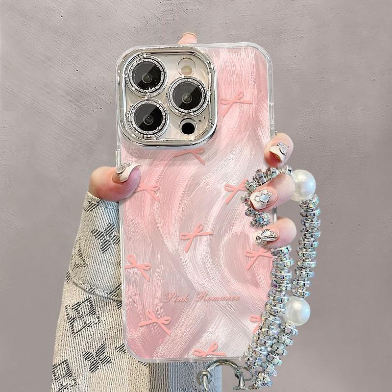 Pink Bow Bracelet Suitable for Apple 16 Feather Yarn Mobile Phone Case 13promax High-end Feeling 15 Simple 14 Niche