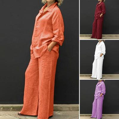 2 Pcs/Set Women Shirt Pants Set Loose Lapel Single-breasted Mid Length Long