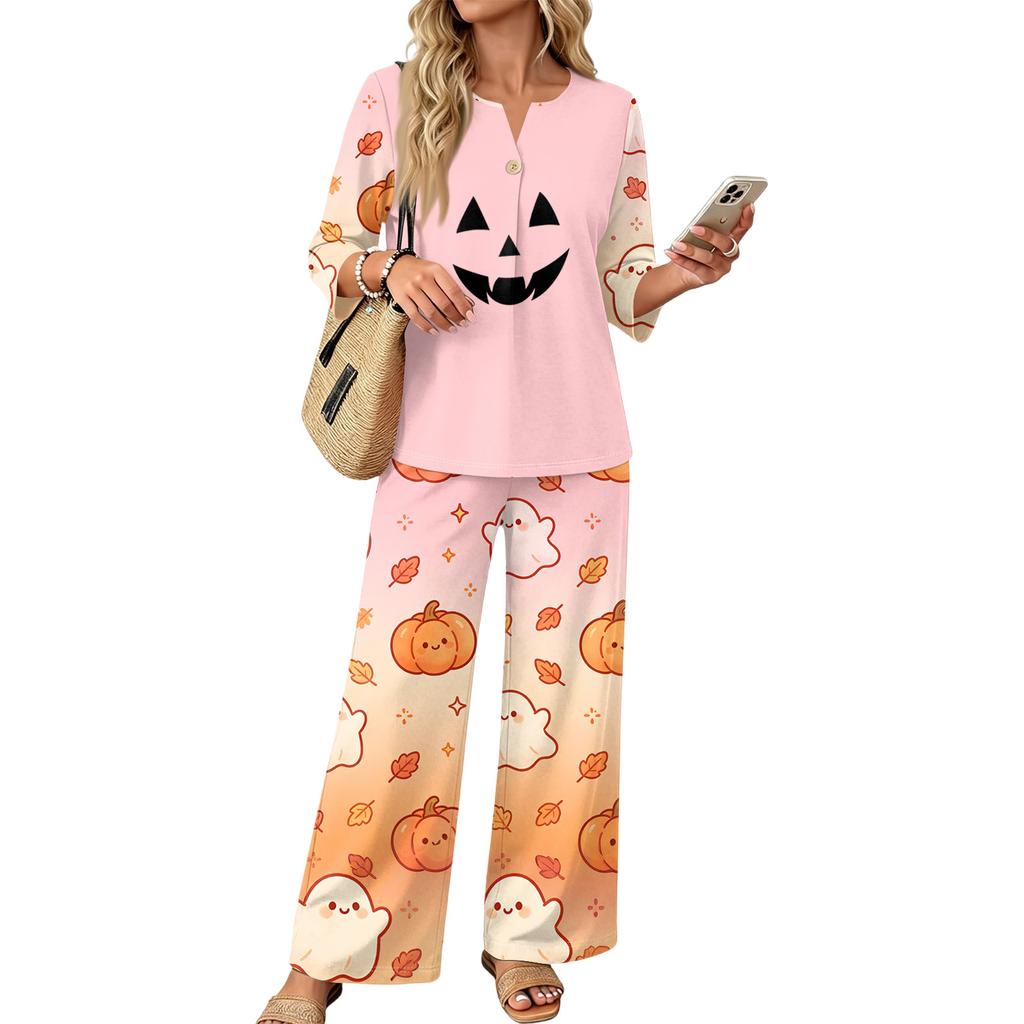 Women's Halloween Print 3/4 Sleeve Button Top and Wide Leg Pants Two-Piece Set for Casual Fall Outfits