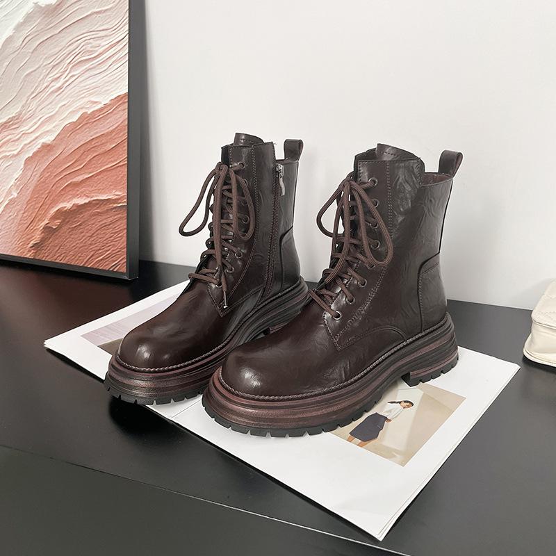 Retro platform Martin boots women's 2025 new lace-up thick heel locomotive boots British style thin versatile short boots