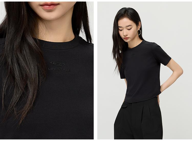 2026 Spring/Summer Fashion Simple Black Shoulder Round Neck Short sleeved T-shirt Casual Versatile Letter Short Top