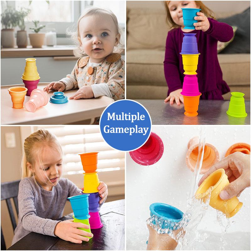Kids Rainbow Silicone Cup Stacking Game Soft Glue Suction Cup Bath Water Play Color Cognitive Educational Toys For 1-3 Years Old