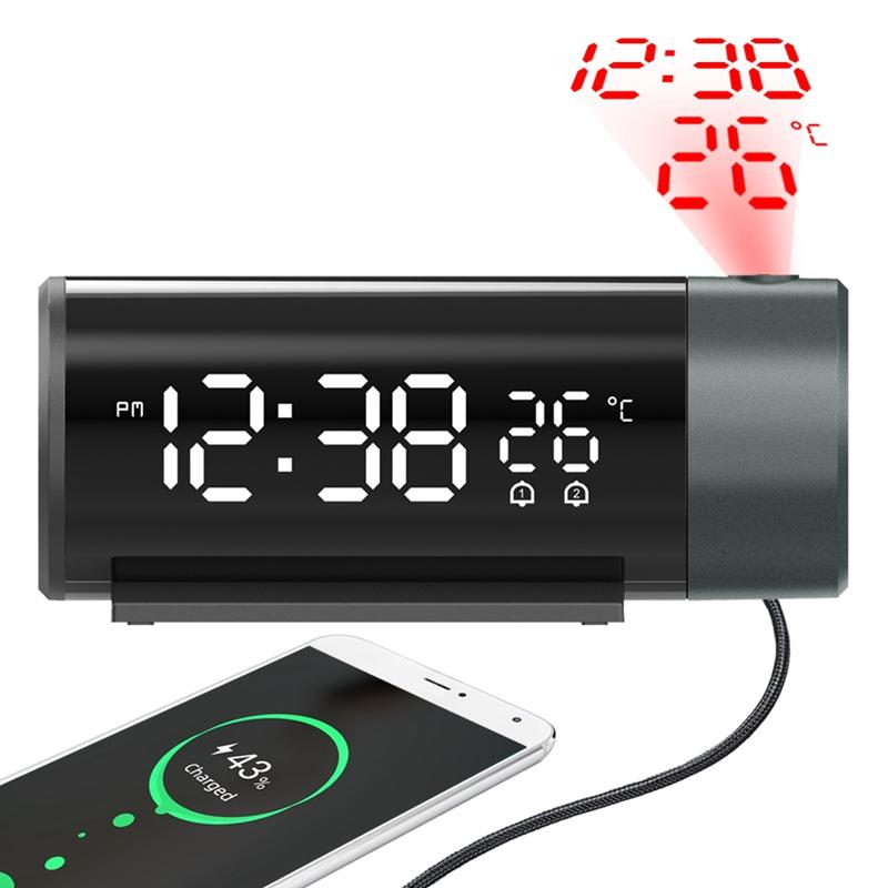 Digital Dual Alarm Clock LED Projector Thermometer Desk Bedroom Bedside 180° Rotation Projection Snooze Clocks USB Phone Charge