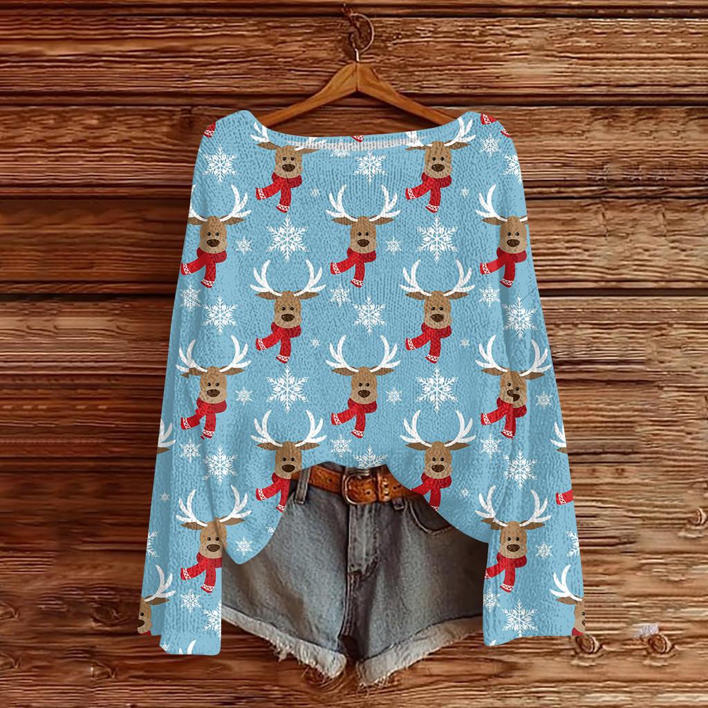 Women's Fashionable Oversized Knitwear Long-Sleeved Christmas Print Top