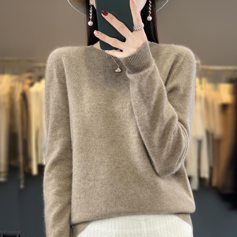 Women's Casual Knitted Pullover Autumn and Winter Soft and Warm Long-Sleeved Basic Round Neck Top
