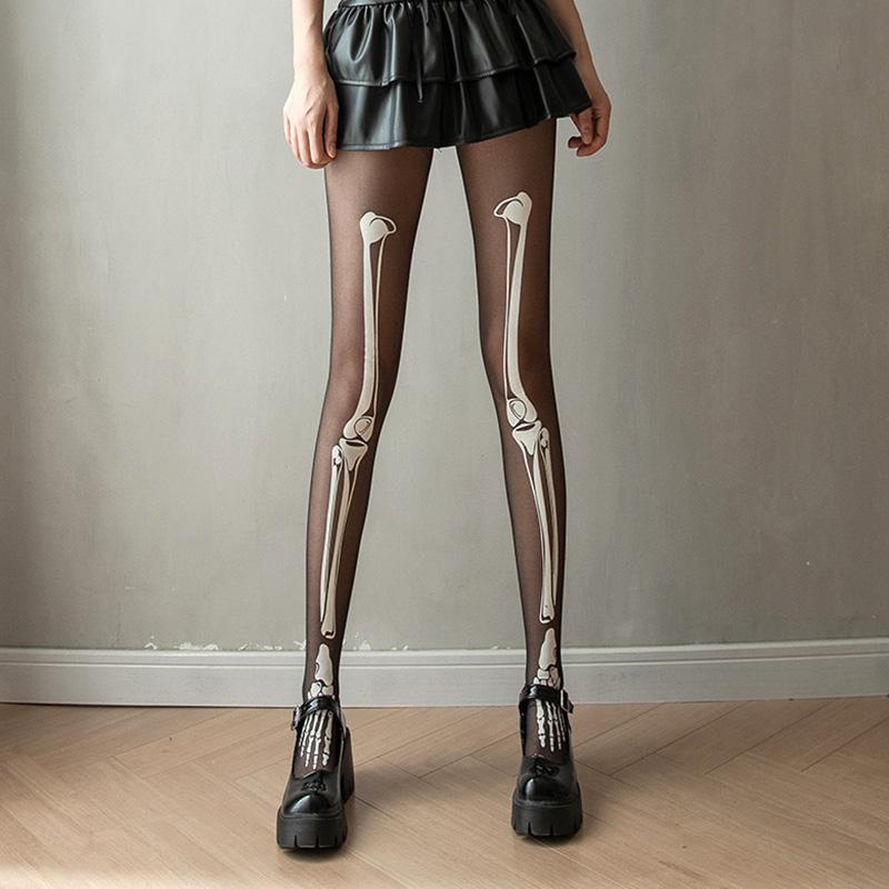 Women's Stockings Sexy Thin Black Thin Leggings Halloween Skeleton Silk Tights Skull Print Pantyhose Cosplay Party
