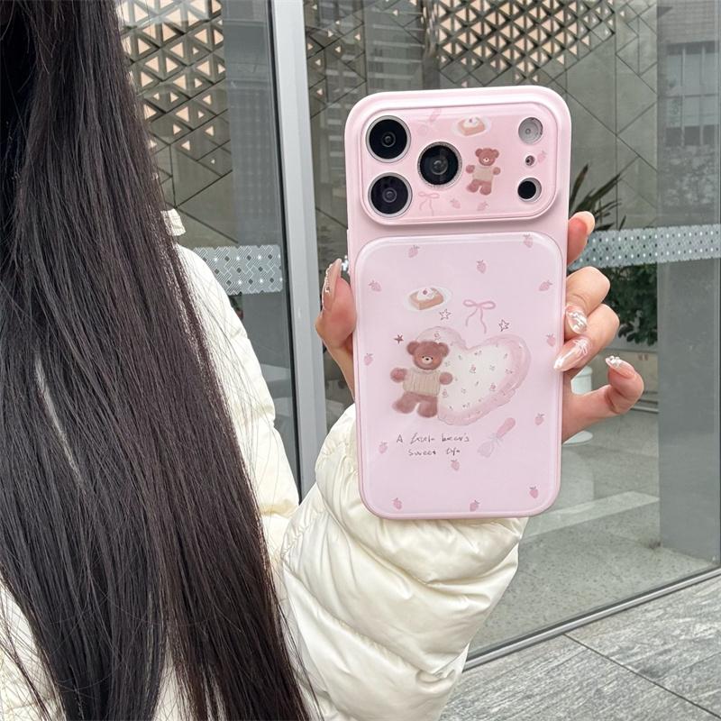Cute Pink Heart Bear Phone Case For iPhone 17 16 15 Pro Max Sweet Strawberry Dessert Cartoon Aesthetic Shockproof Cover