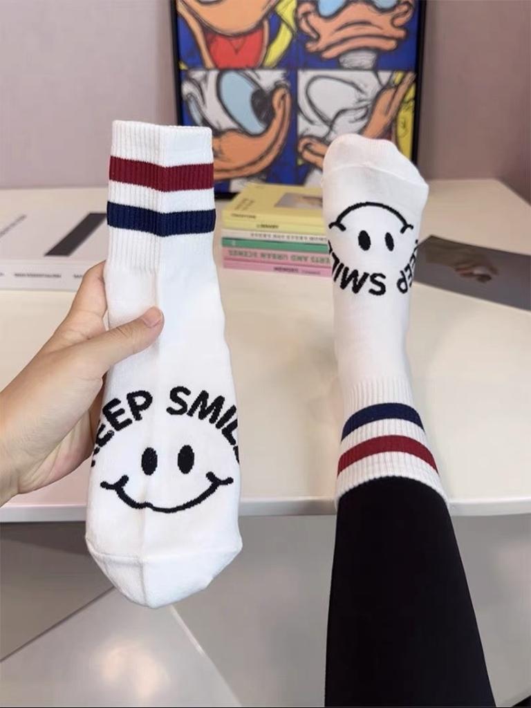 Dongdaemun Parallel Bar Striped Smiley Socks Pure Cotton Black And White Mid-Leg Socks With Shark Pants Sports Socks