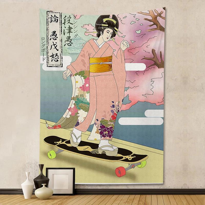 Wandteppich, Ukiyo-e, Damen-Hintergrund, japanischer Digitaldruck, dekorativer Hängestoff, Wanddekoration