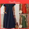 Color Round Solid New Neck Pocket Pleated Short Sleeve Cotton Linen Dress