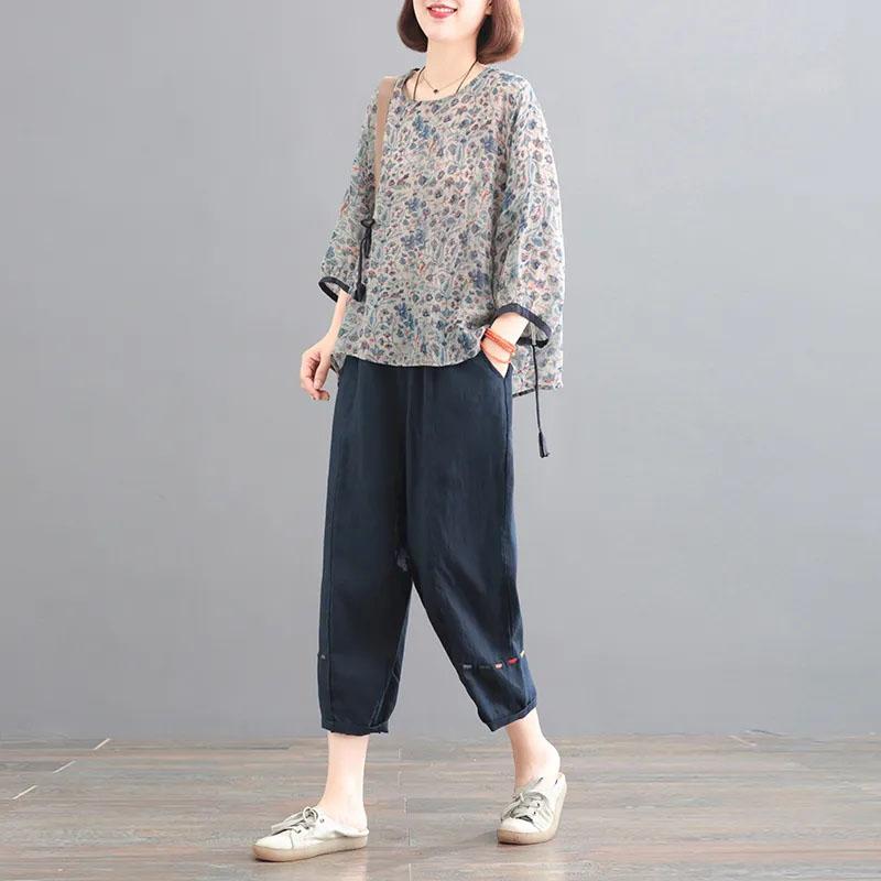 

Женский костюм из 2 предметов, хлопковая футболка и брюки, хлопковый свободный повседневный летний костюм из двух предметов, топ и брюки XXXL синий