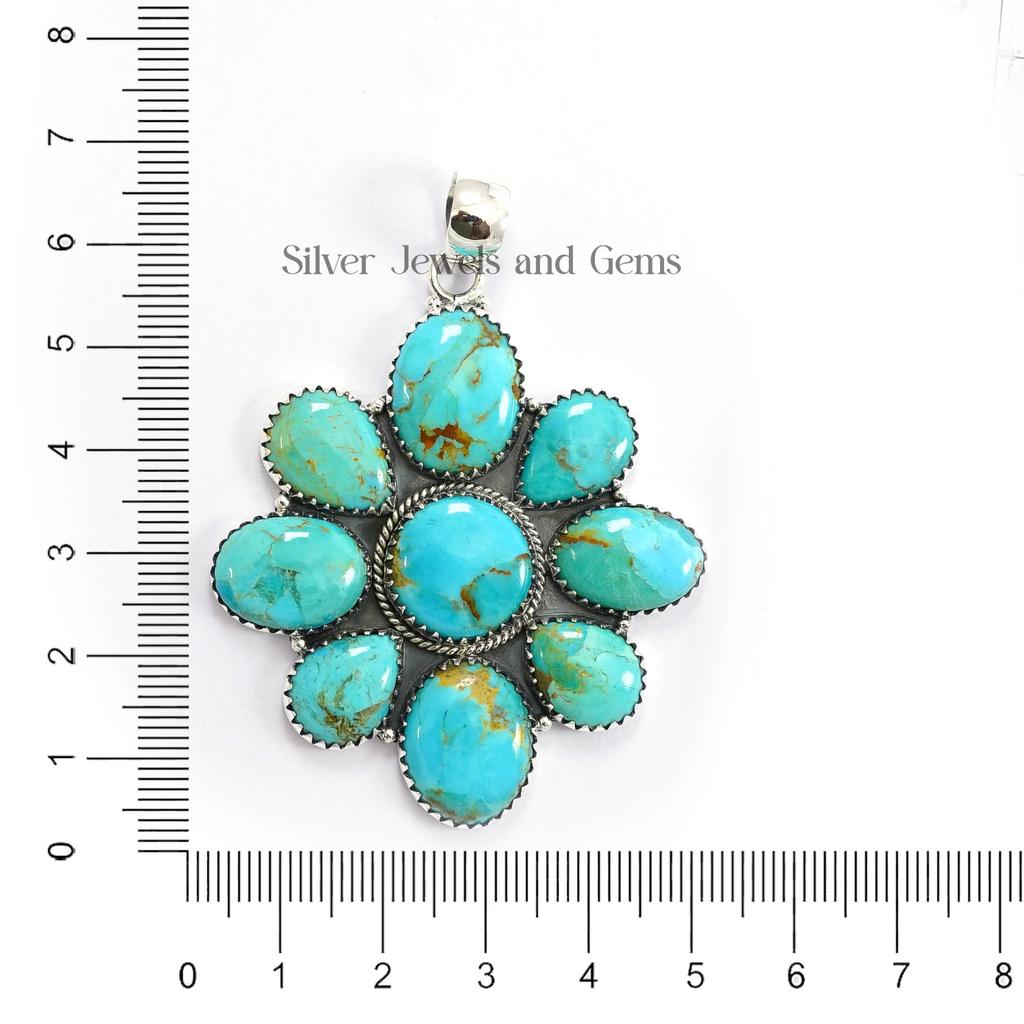 Turquoise Cluster Pendant, 925 Sterling Silver Pendant, Natural Arizona Turquoise Pendant, Gemstone Pendant, Anniversary Pendant