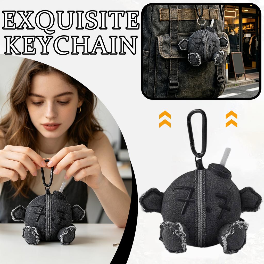 Plush Keychain Soft Fabric Zipper Design Round Shape Embroidered Pattern Portable Bag Charm for Everyday Use
