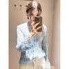 Elegant Sheer Floral Blouse Ruffled Long Sleeve Tie Neck Shirt Casual Fashion Top Women