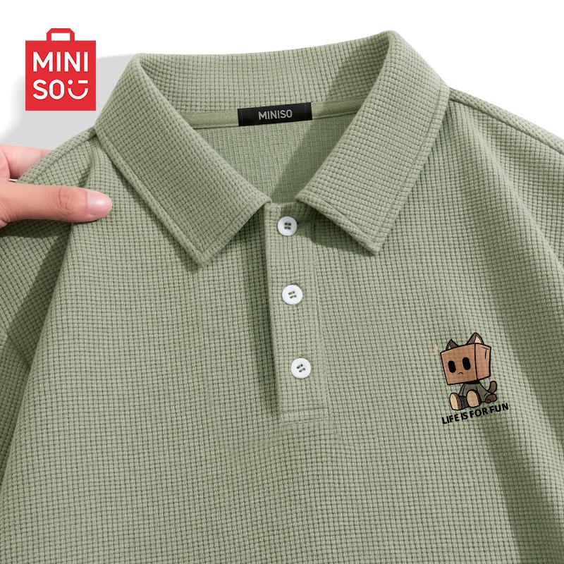 

MINISO Men s Waffle Polo Shirt with Cat Chest Badge 4XL
