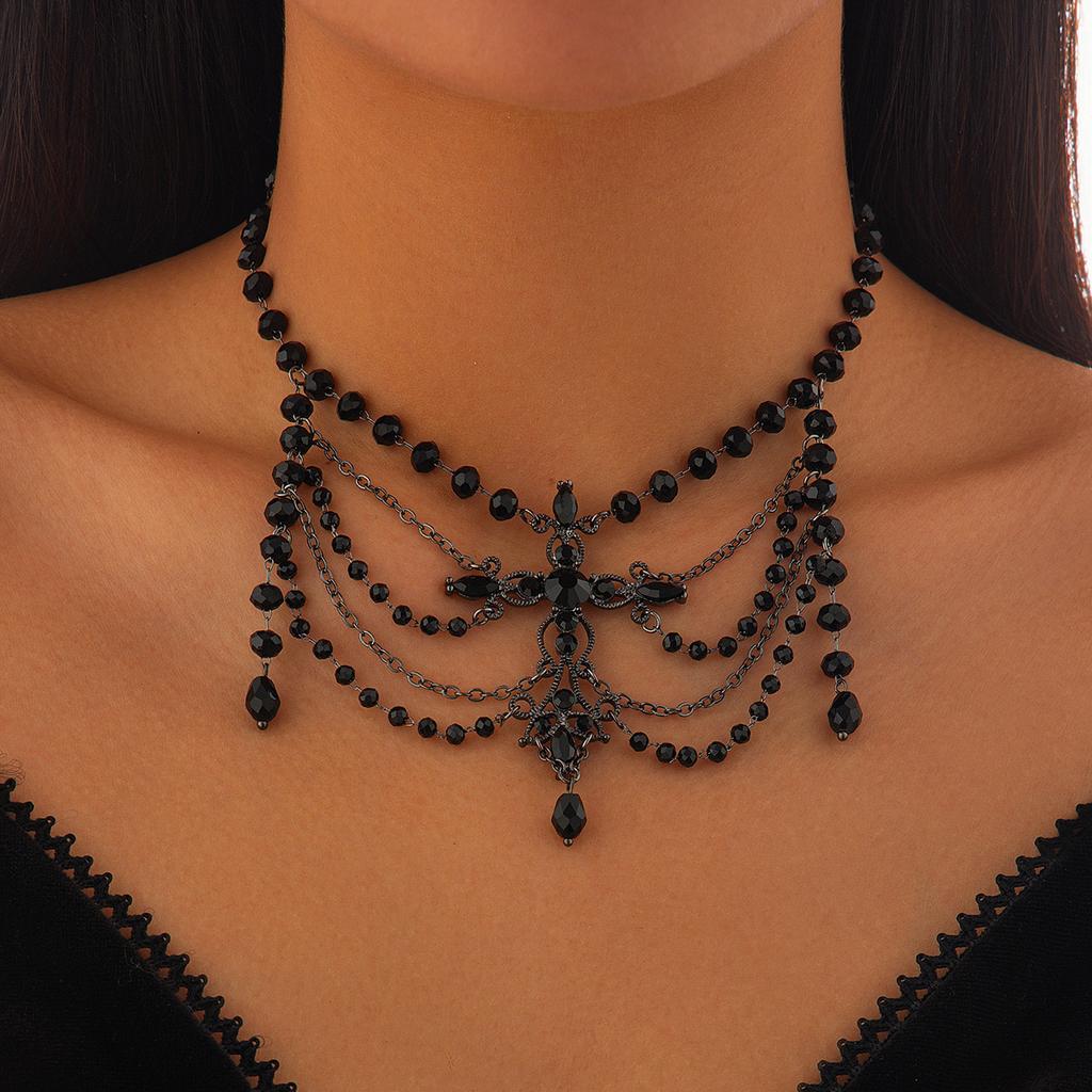 Punk beaded choker fringed chain girl, halloween party imitation gemstone handmade collar