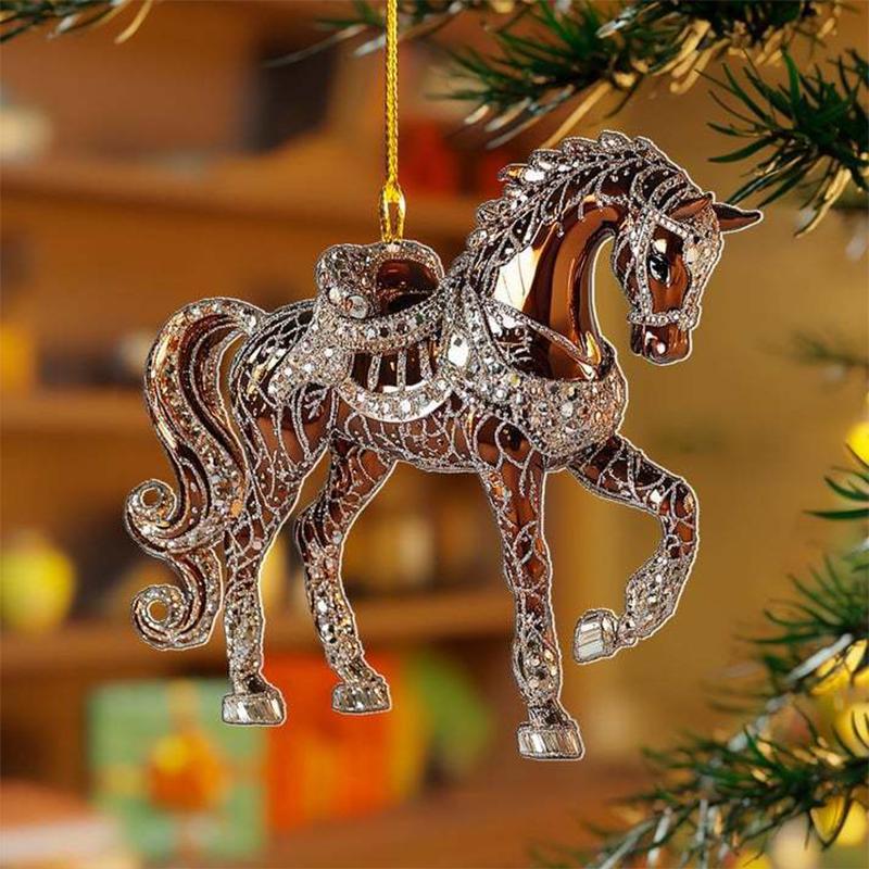 2D Acrylic Horse Car Rearview Mirror Pendant Charm Christmas Tree Ornament Party Latest Year Hanging Keychain Christmas Decorations