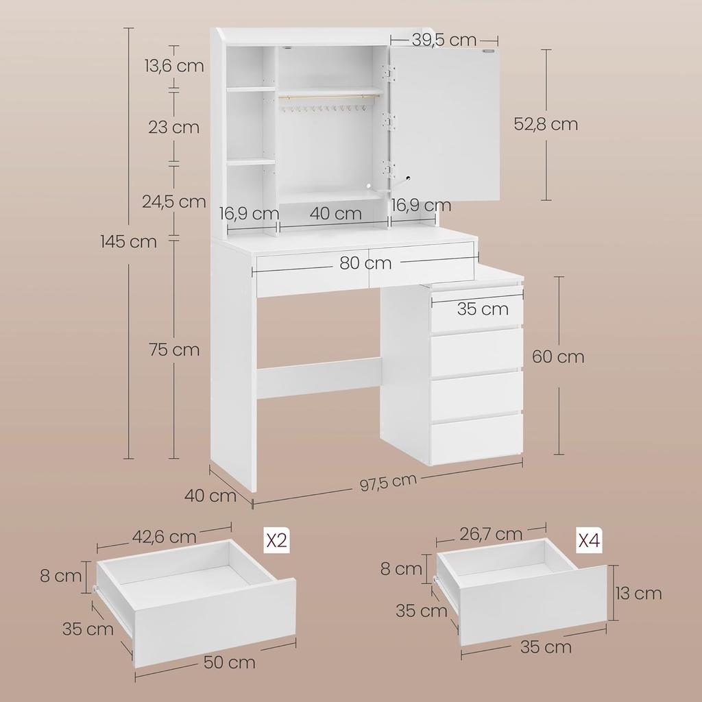 VASAGLE LED Lighting Dressing Table with Mirror, Drawers, Open Compartments, Adjustable Shelves, Stool, Adjustable Brightness, Modern