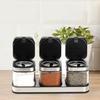 DEAYOU 3 Pack Glass Seasoning Box with Tray, Clear Condiment Canister with 18/10 Stainless Steel Lid and Spoon, Kitchen Spice Pot with Base, Salt