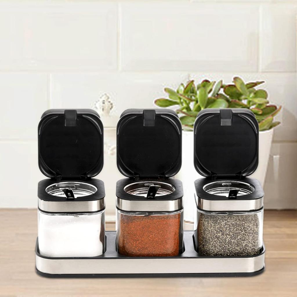 DEAYOU 3 Pack Glass Seasoning Box with Tray, Clear Condiment Canister with 18/10 Stainless Steel Lid and Spoon, Kitchen Spice Pot with Base, Salt