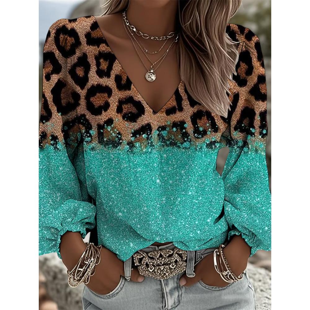 New Women's Vintage Western Pattern Printed V-neck Shirt, Suitable for Summer Vacations and Outdoor Gatherings