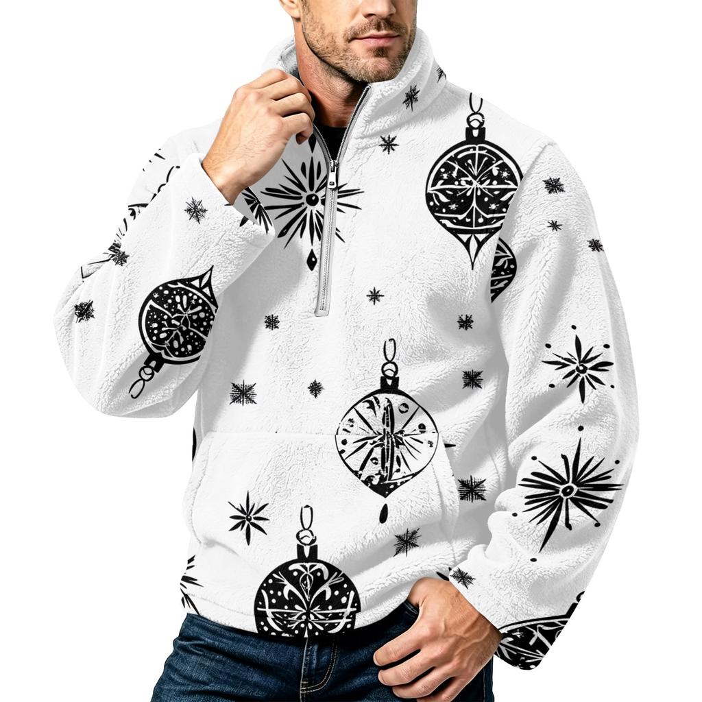 Men's Christmas Print Zip-Up Sweatshirt with Stand Collar, Plus Size Flannel Top for Fall Winter