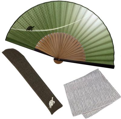 Stilvolles Geschäftsfächer-Set mit Fächeretui und Taschentuch Glücksbringer [Osaka Choseido] Herren - (Schildkrötengrün)
