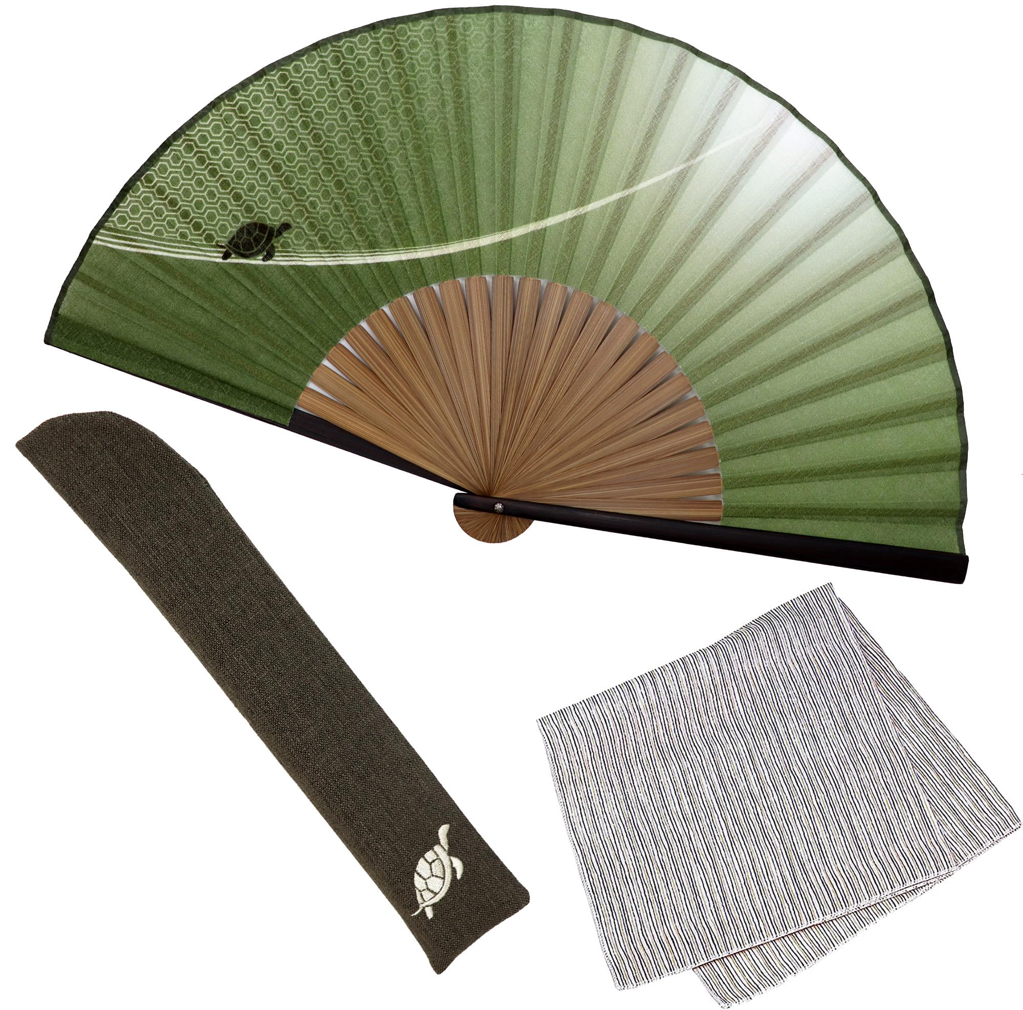 

Stylish Business Fan Set with Fan Case and Handkerchief Lucky Charm [Osaka Choseido] Men s - (Turtle Green)