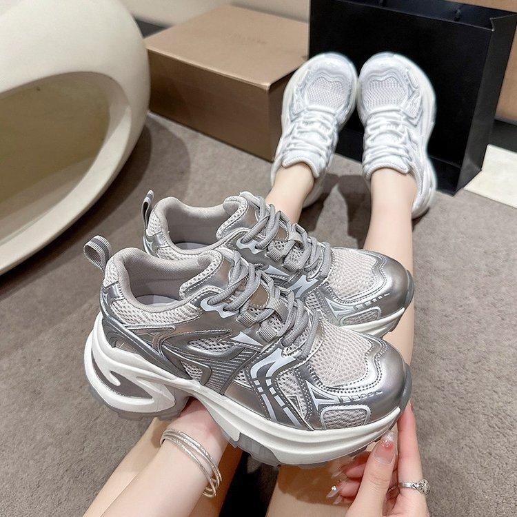 2025 spring and summer leather thick-soled breathable mesh heightening dad shoes space silver thick-soled casual sports shoes women's shoes