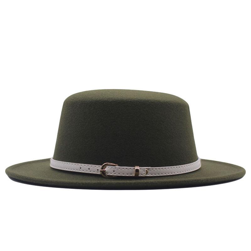 Hat Women's Woolen Top Hat Autumn and Winter Solid Color Retro Gentleman British Style Flat Top Belt Accessories Felt Hat