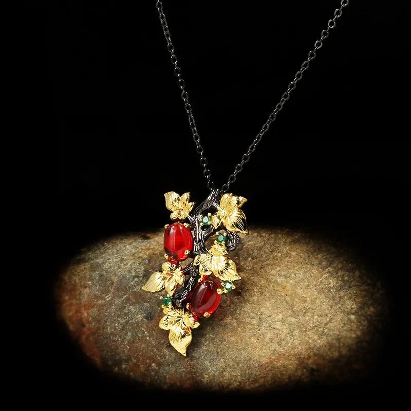 New Style 925  Ladies Pendant Necklace Winding Branches Ruby Flower Clavicle Chain Elegant All-match Sweater Chain