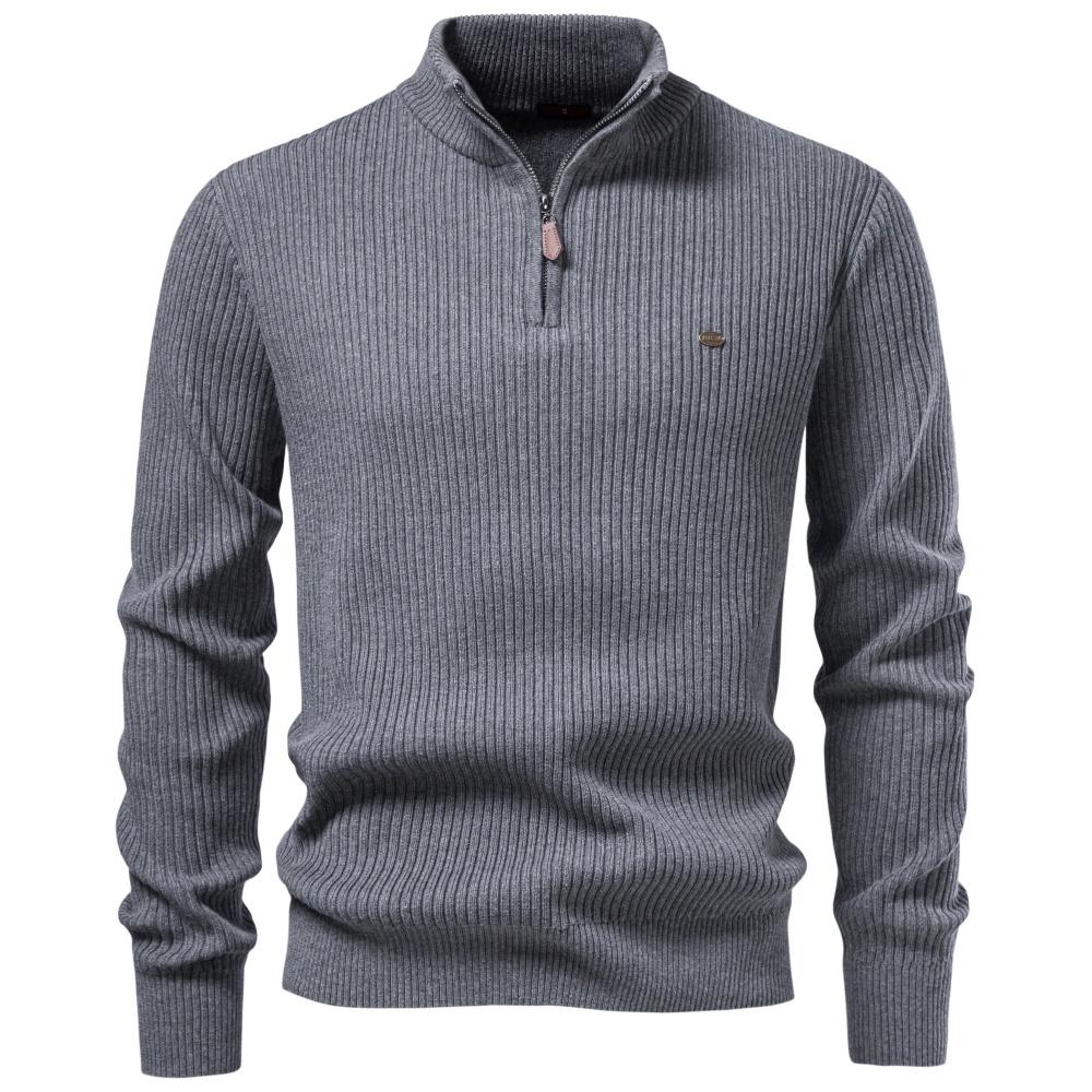 AIOPESON Herren Langarm Slim Fit Warmer Pullover Halber Reißverschluss Stehkragen Baumwolle Pullover Gerippt Strick Lässig Herbst Winter Basic Pullover