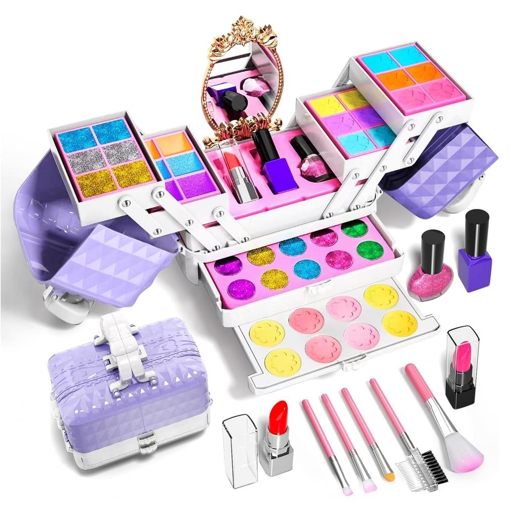Opard Makeup Set for Set with Toy and Storage Perfect Gift for Girls Ages and Elementary School Cute Black and Pink Makeup Kit with Nail and Brushes