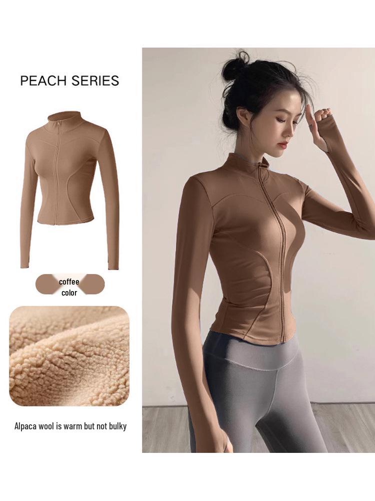 Women's Plush Slim Fit Zipper Yoga Jacket - Thickened, Elastic Long Sleeve, Stand Collar, Warm Autumn & Winter Top