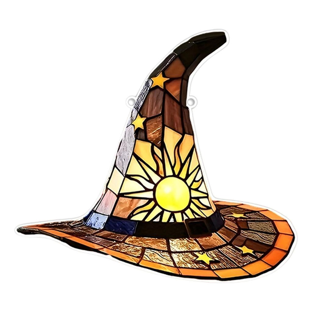 Witch Hat Stained Glass Suncatcher Window Hanging Decoration Halloween Gothic Glass Ornament for Window Home Kitchen