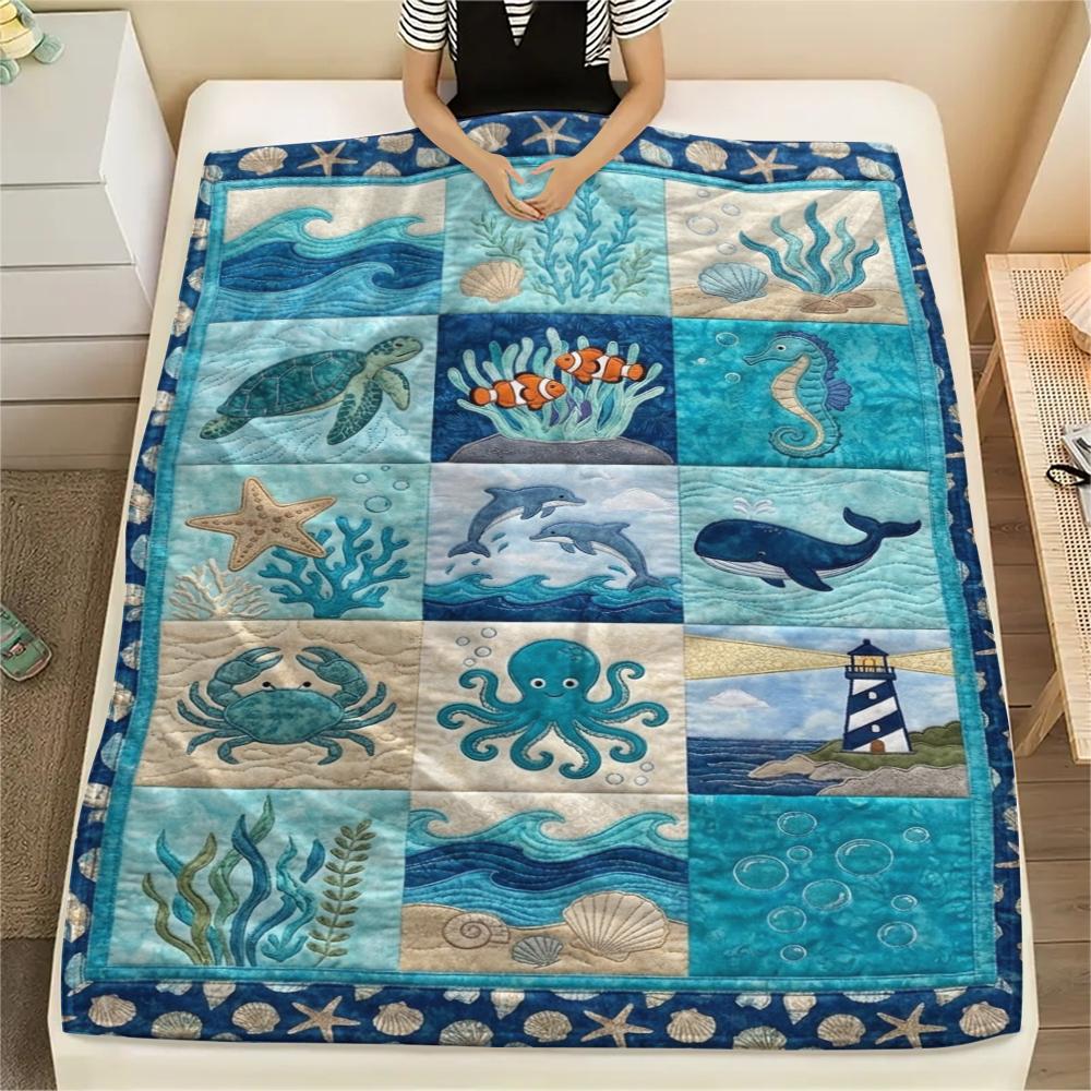 1Pc Ocean Print Flannel Blanket, High quality Comfortable for All Seasons, Home Decor, Warmth and Comfort, Perfect for Christmas Gifts W101