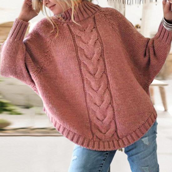 Women Sweater Tops Half High Collar Batwing Long Sleeve Solid Color Knitted Sweater Twist Texture Loose Fit Casual Knitting Tops