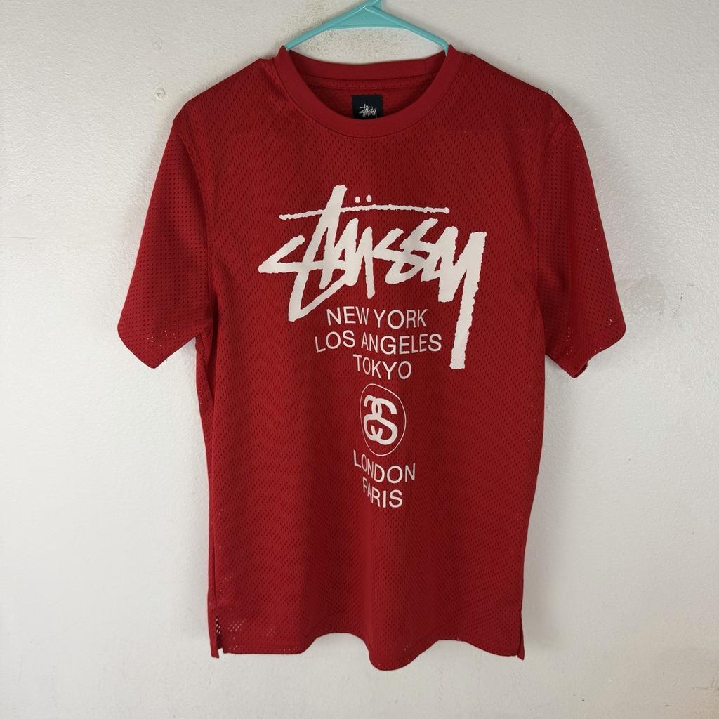 Stussy Červený síťovaný dres Velikost Střední Streetwear Skate Letní Ležérní Unisex Tričko