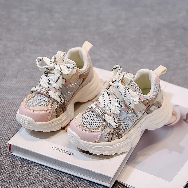 Boys Running Shoes Mesh Breathable Girls Sneakers Thick Soft Sole Comfort 2025 New Children Sports Shoes Hook&loop Non-slip