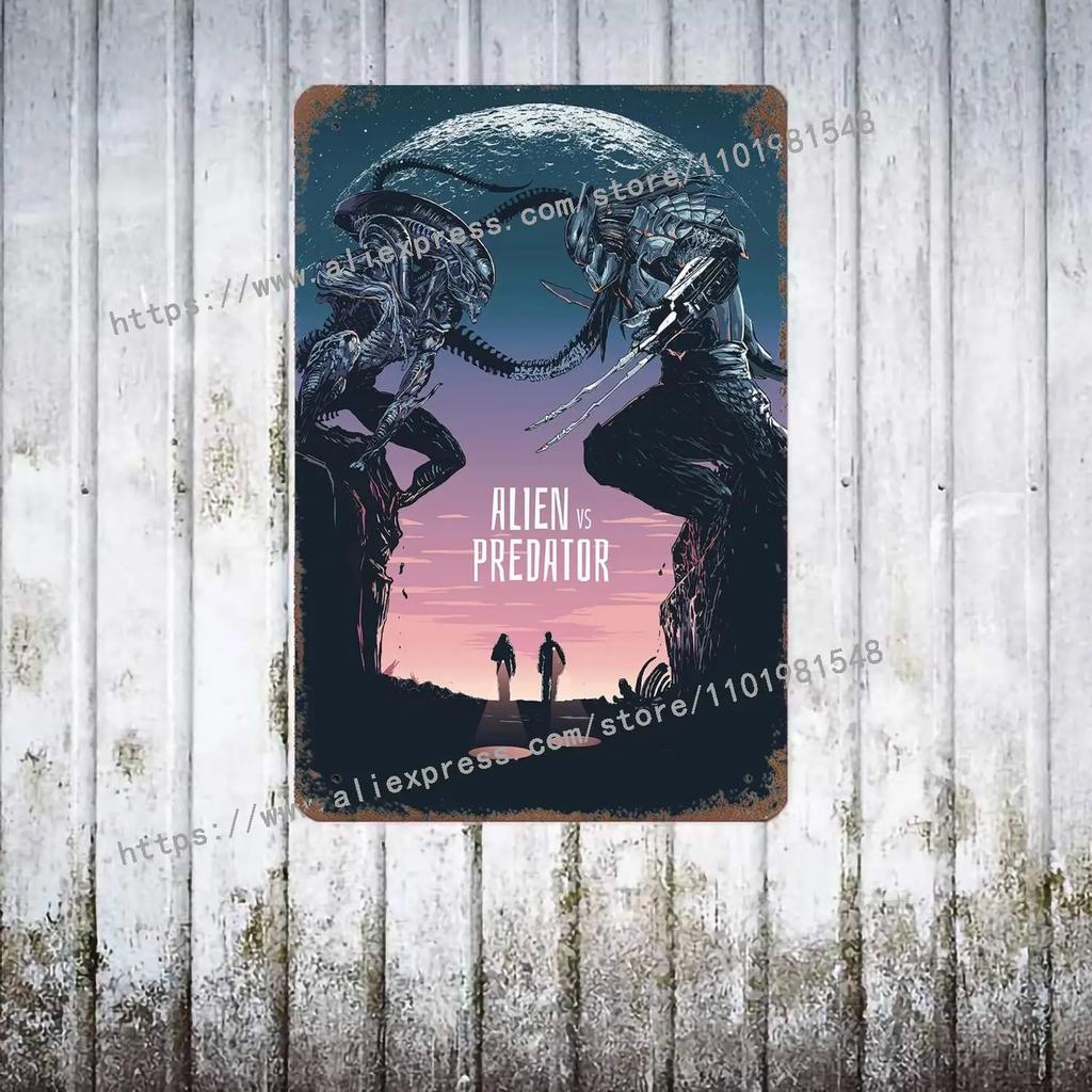 Aliens vs Predator Science Fiction Poster Vintage Plåtskylt Dekorativ Plakett för Pub Bar Mancave Klubb Väggdekoration