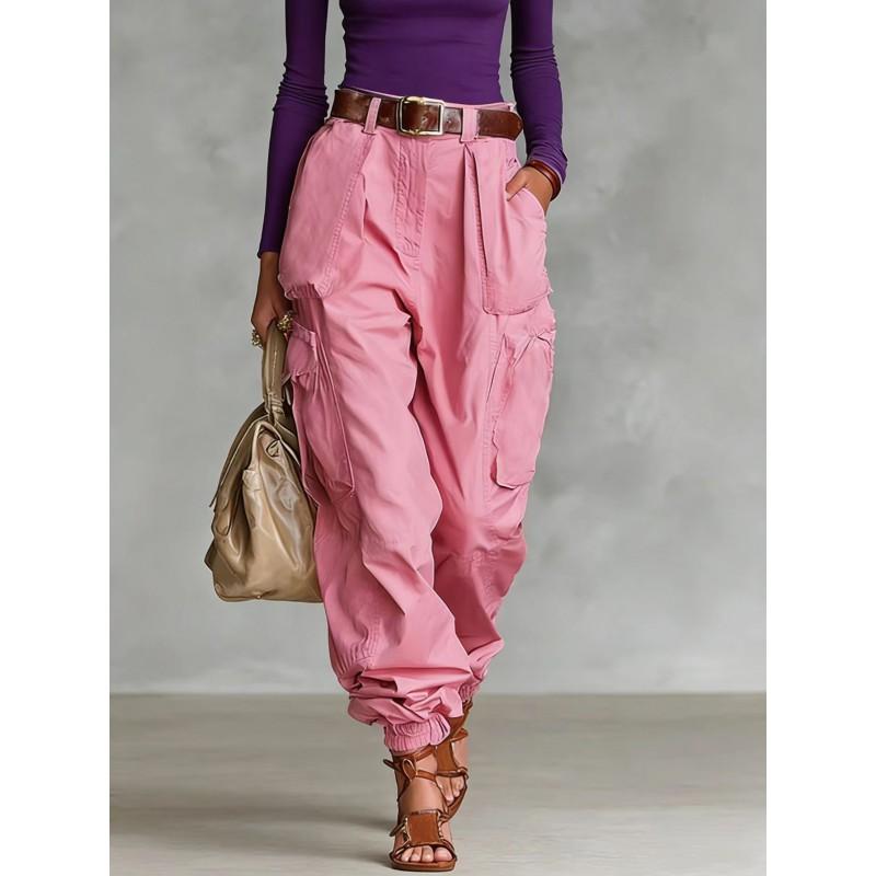 Street Style High Waist Cargo Pants Loose Wide Leg Trousers No Stretch Regular Thickness