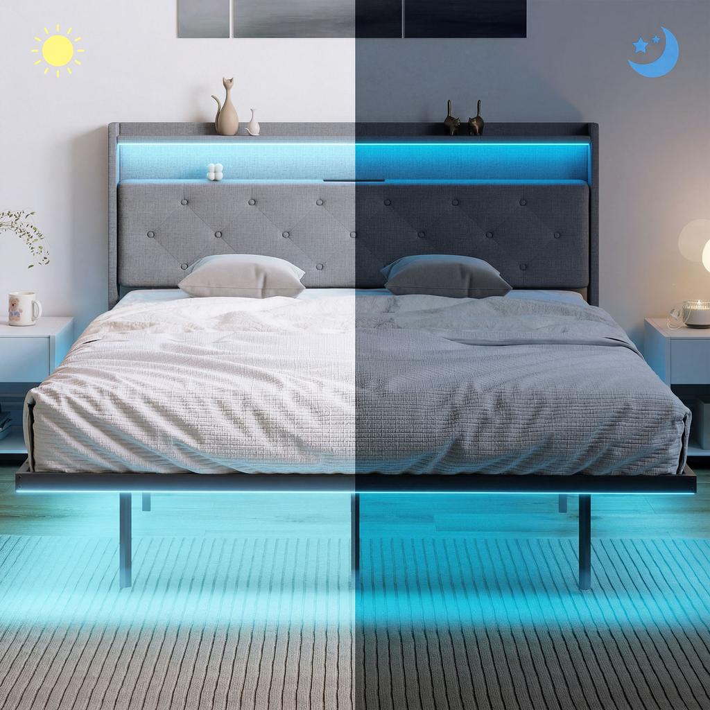 Bed frame 140 x 190 cm with steel base, floating double bed with RGB LED lights and charging station, grey