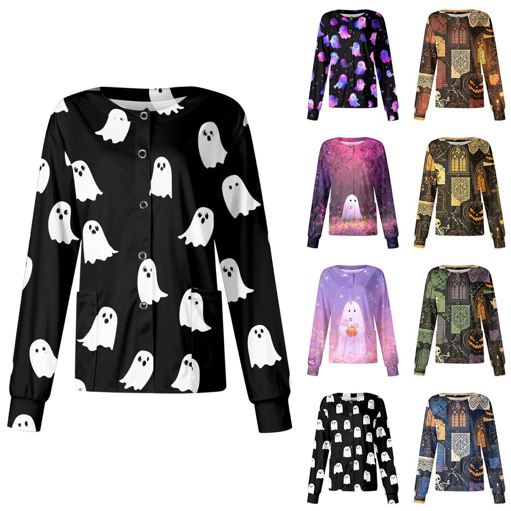 Women's Halloween Print Long Sleeve Cardigan Scrub Top with Single-Breasted Closure